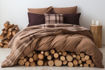 Modern Bedroom with Brown Bedspread and Pillows on Wooden Sawn Tree Base, Loft Interior Design