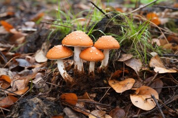 Group of fungi little fresh mushrooms growing in fall rainy forest. Autumn season pick up mushrooms. Mushrooms cut in the woods. Healthy vegetarian food
