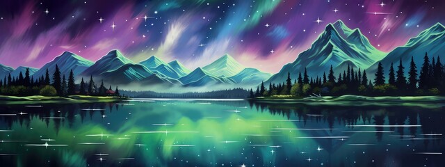 Colorful northern lights over lake and snowy mountains. Fantasy panoramic winter landscape background with Aurora Borealis with starry in the night sky