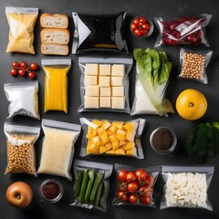 Flat lay composition of different food in vacuum packings on dark grey table