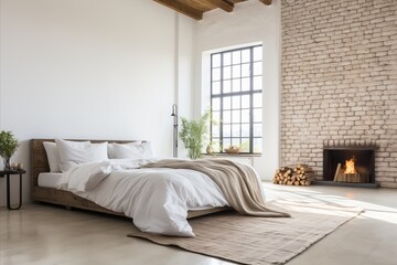 Modern Loft-Style Bedroom with Bed, Pillows, Bedspread, and Large Window by Brick Wall
