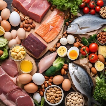 High protein food - fish, meat, poultry, nuts, eggs and vegetables. healthy eating and diet concept