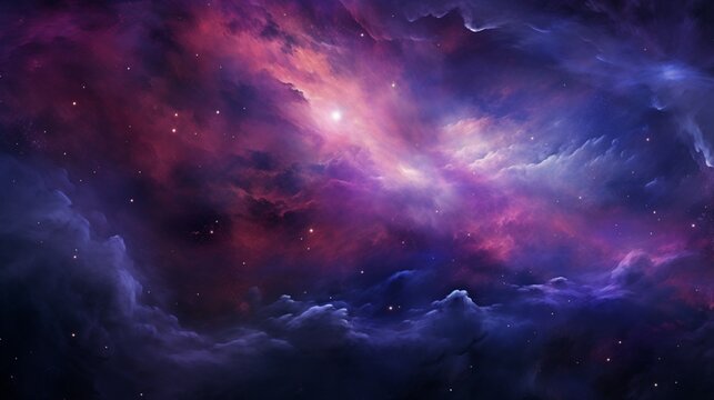 An image depicting a luminous celestial nebula, showcasing vibrant hues of purples, blues, and pinks swirling amidst a star-studded cosmos  - Generative AI