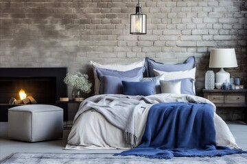Modern Bedroom with Brick Wall. Loft Interior Design - Blue Pillow and Coverlet Near Fireplace