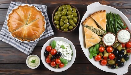 Selection of traditional greek food - salad, meze, pie, fish, tzatziki, dolma on wood background, top view
