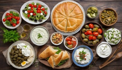 Fototapeta na wymiar Selection of traditional greek food - salad, meze, pie, fish, tzatziki, dolma on wood background, top view