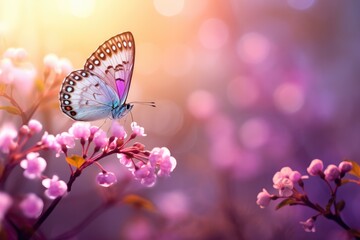 Fluttering beautiful butterfly and spring wildflowers on the field in sunlight. Floral summer concept for background, banner or greeting card with copy space	