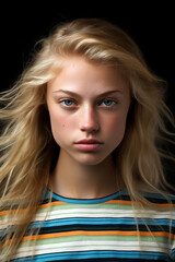 Naklejka premium AI-Generated Portrait of a Young Woman with Striped Shirt