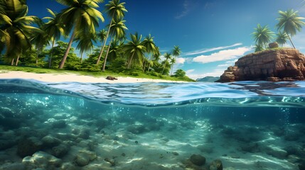 Beach with palm trees and crystal clear water. Idyllic tropical island in summer.

