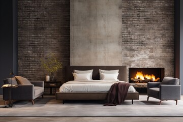 Modern Loft Bedroom Interior with Brick Wall, Cozy Fireplace, and Relaxing Ambiance