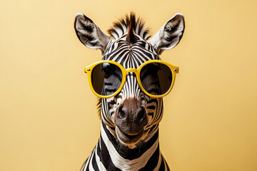 zebra wearing sunglasses on yellow background