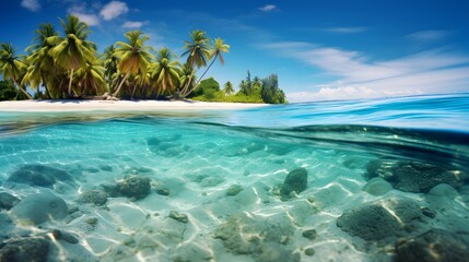 Beach with palm trees and crystal clear water. Idyllic tropical island in summer.
