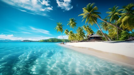 Fototapeta na wymiar Beach with palm trees and crystal clear water. Idyllic tropical island in summer. 