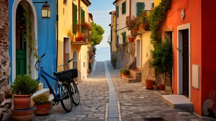 Foto auf Alu-Dibond Narrow street of the village of fishermen San Guiliano with colorful houses and a bicycle in early morning in Rimini, Italy © Ziyan Yang