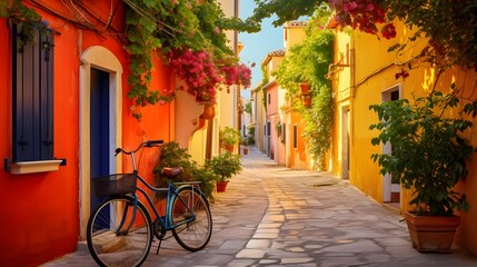 Fototapeta na wymiar Narrow street of the village of fishermen San Guiliano with colorful houses and a bicycle in early morning in Rimini, Italy