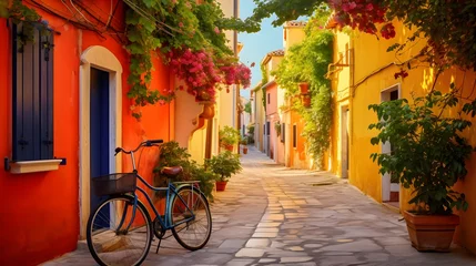 Foto op Plexiglas Narrow street of the village of fishermen San Guiliano with colorful houses and a bicycle in early morning in Rimini, Italy © Ziyan Yang