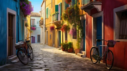 Poster Narrow street of the village of fishermen San Guiliano with colorful houses and a bicycle in early morning in Rimini, Italy © Ziyan Yang