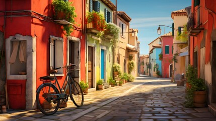 Fototapeta na wymiar Narrow street of the village of fishermen San Guiliano with colorful houses and a bicycle in early morning in Rimini, Italy
