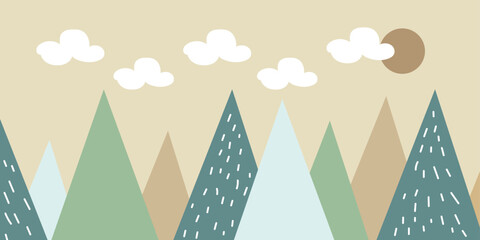 Mountain landscape. Clouds, mountains, and sunlight. for posters, banners for websites, wallpapers, and décor for kids. Vector  ilustration. Children's wallpaper. Hand drawn in scandinavian style.