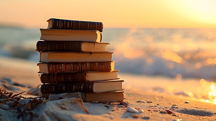 stack of books on the beach
