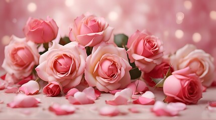 pink roses on light pink illuminated by the sun background and bokeh with copy space. Valentines day, birthday or anniversary.