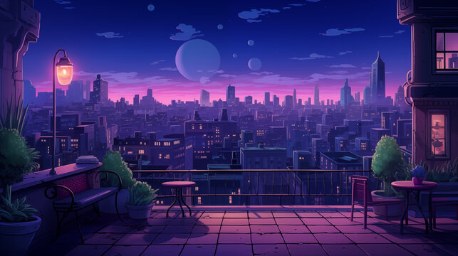 cute lo-fi music background for city night study in the room or terasse purple base color 
