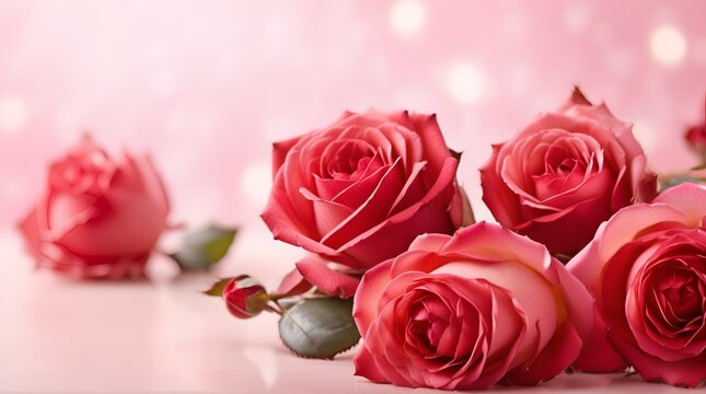 pink roses on light pink illuminated by the sun background and bokeh with copy space. Valentines day, birthday or anniversary.