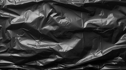 Wrinkled black plastic texture, black background wallpaper. Crumpled plastic surface