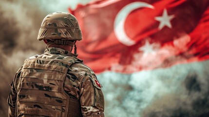 Turkish soldier, Turkish flag and war concept