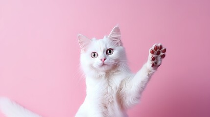 Friendly cat giving high five on white background with copy space available for text placement
