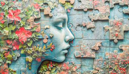 Use visual metaphors, such as a puzzle forming a whole head, symbolizing restoration, celebration of Brain Injury Awareness Month, March, science concept, generative ai