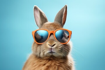 Cool bunny in glasses with selective focus and copy space