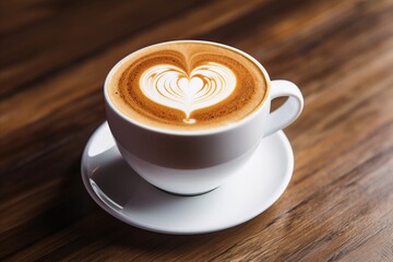 Romantic cup of latte coffee with heart shaped art on foam, top view on love background