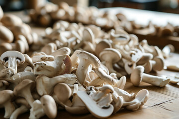 Fototapeta na wymiar Edible mushrooms. Background with selective focus and copy space