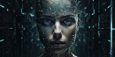 Portrait about a human like android woman with young woman face but cables and electronic body  technology in the future 