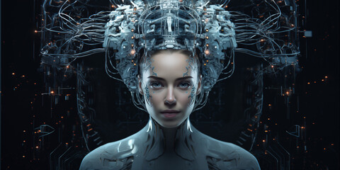 Portrait about a human like android woman with young woman face but cables and electronic body  technology in the future  - obrazy, fototapety, plakaty