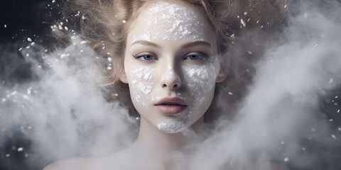 portrait of a woman with white dust explosing arround