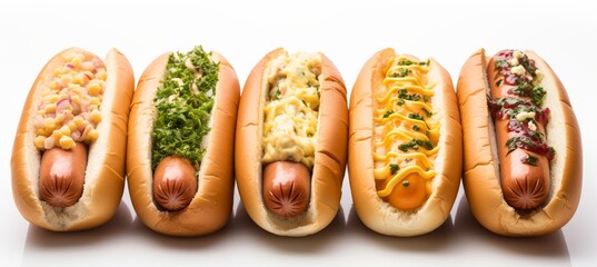 Delicious french hot dogs with assorted sauces on white background   perfect for text placement - obrazy, fototapety, plakaty