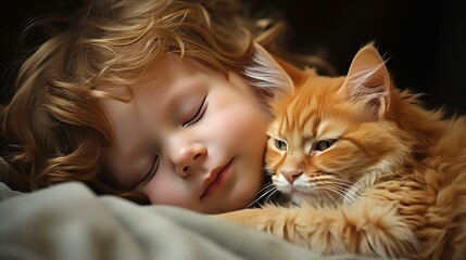 Sweet and endearing moment of a baby and a cat peacefully napping together in a heartwarming embrace