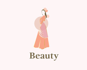 Saree logo design with women figure template. Women india dress or clothing logo design illustration