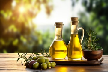 Organic homemade olive oil bottle on blurred defocused background with copy space for text placement - obrazy, fototapety, plakaty