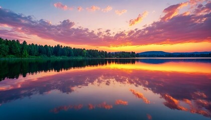 Beautiful capture of a vibrant sunset over a serene lake, with colorful reflections shimmering on the water. Generative AI