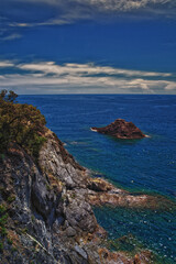 Cinque Terre Mediterranean Sea views along town hiking trail Italian Riviera coastline. Liguria, Italy, Europe. 2023 Summer. 