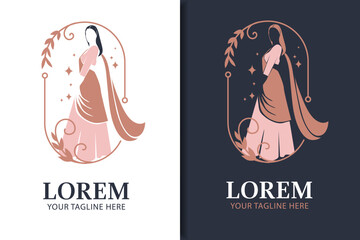 Saree logo design with women figure template. Women india dress or clothing logo design illustration