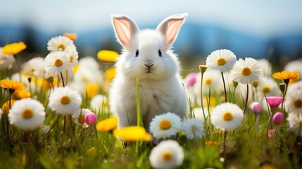 Adorable bunny with easter eggs in flowery meadow   bright spring image with copy space