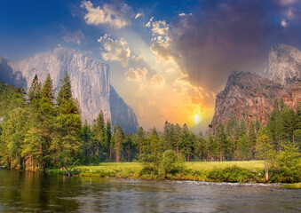 view to Yosemite walley with view to rocks el Captan and half dome in California, - obrazy, fototapety, plakaty