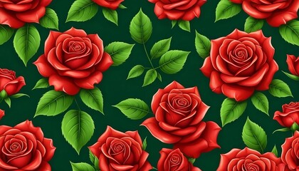 Seamless pattern of red roses flower bouquets with green leaves, buds and branches. Red roses vector background. Graphics vector cartoon concept with flowers. Generative AI