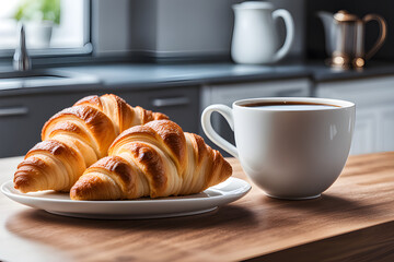 Croissant and coffee on kitchen countertop, against blurred minimalist interior with modern furniture. Selective focus at homemade pastry and tea drink in cup on wooden table, copy space, web banner