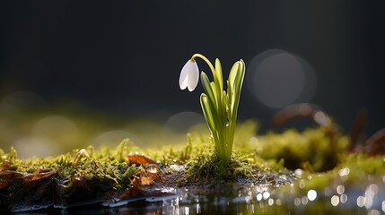 Exquisite snowdrop flower illuminated by the soft rays of the rejuvenating spring sun - obrazy, fototapety, plakaty