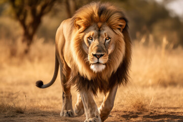 Majestic King of the African Savanna: A Portrait of a Dangerous and Beautiful Lion with a Furry Mane in the Serengeti